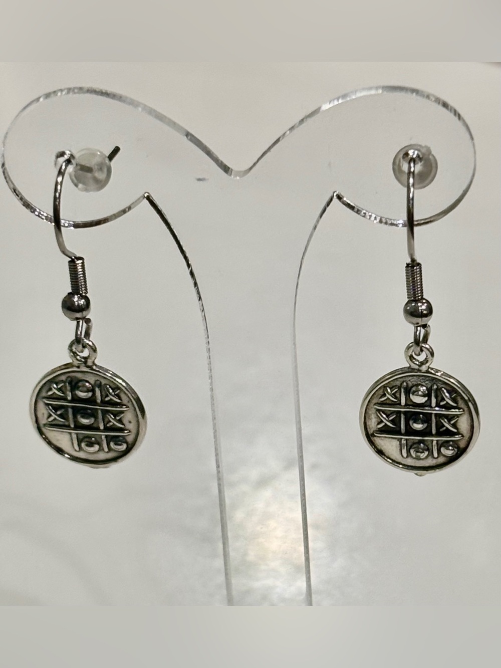 Sterling Silver Round Tic-Tac-Toe Dangle Earrings